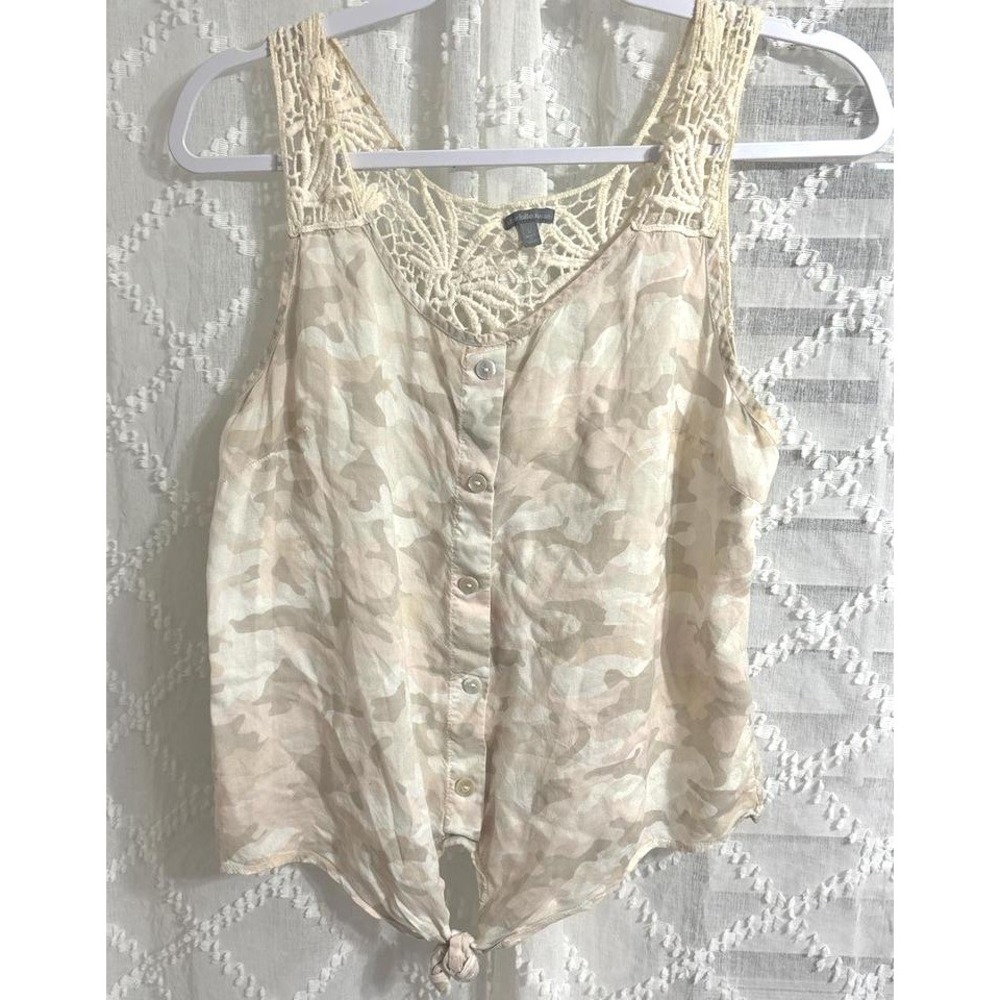 American Eagle Camo Tie Front Tank Top Crochet Lace Back Beige Tan Womens Small